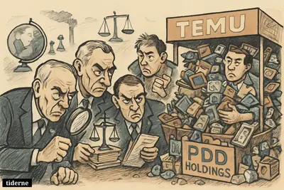 EU regulators inspect an overflowing Temu-style market stall as symbols of war, sanctions, and climate pressure sit in the background.