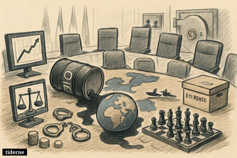 A tense crisis room with an oil barrel, Middle East map, naval threat, security props, and symbols of crime, markets, and shaken trust.