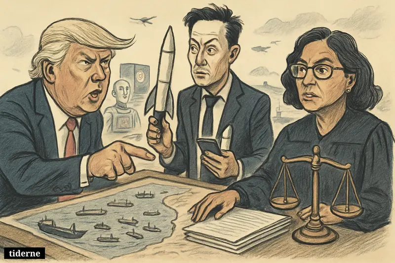 Trump points at a strait map beside Musk and Judge Yvonne Gonzalez Rogers, with ships, legal symbols, and AI machines around them.