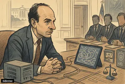 Caricature of Dario Amodei in a White House meeting, presenting an AI system to federal officials around a long table.