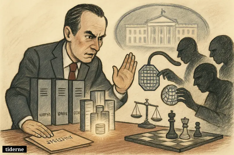 Michael Kratsios warns from a White House briefing room while shielding AI servers from shadowy figures attempting to siphon and copy them.