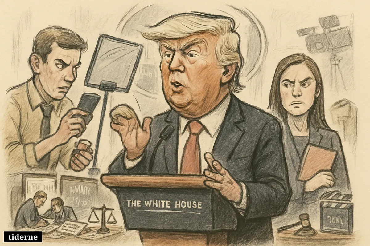 Trump speaks at a podium while a nervous teleprompter staffer, Karoline Leavitt, and investigators surround betting and investigation props in the White House. (AI-genereret illustration)