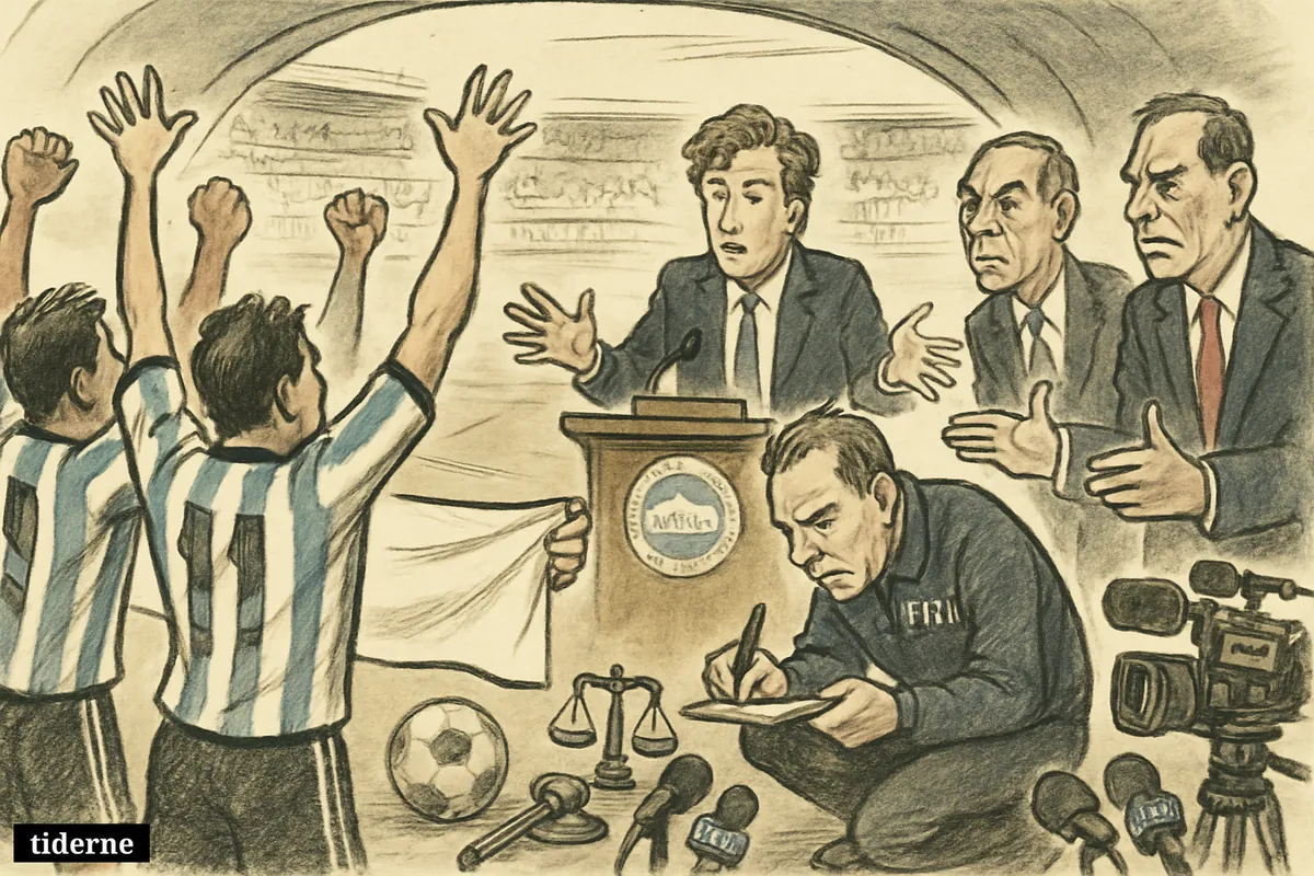 Argentina players display a banner as British officials object, a White House aide defends them, and a FIFA official reviews the incident. (AI-genereret illustration)