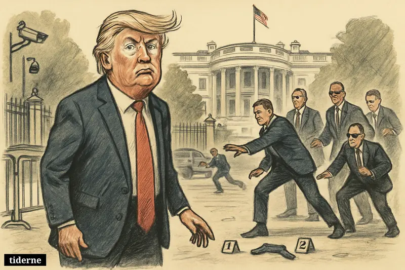 Donald Trump caricature near the White House as Secret Service agents shield the area after a shooting, with barricades and security details visible.