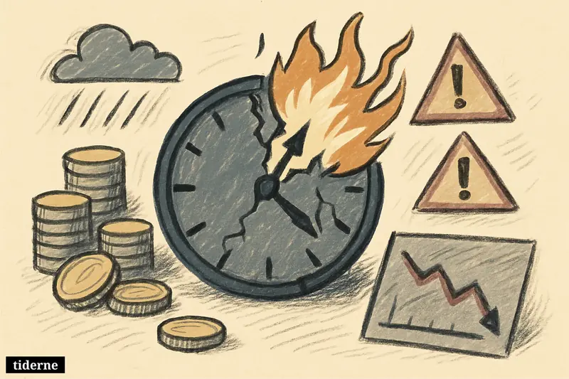 A cracked dark clock on black background, releasing orange flames, metallic coins, and red alert lines into the surrounding darkness (AI-genereret illustration)