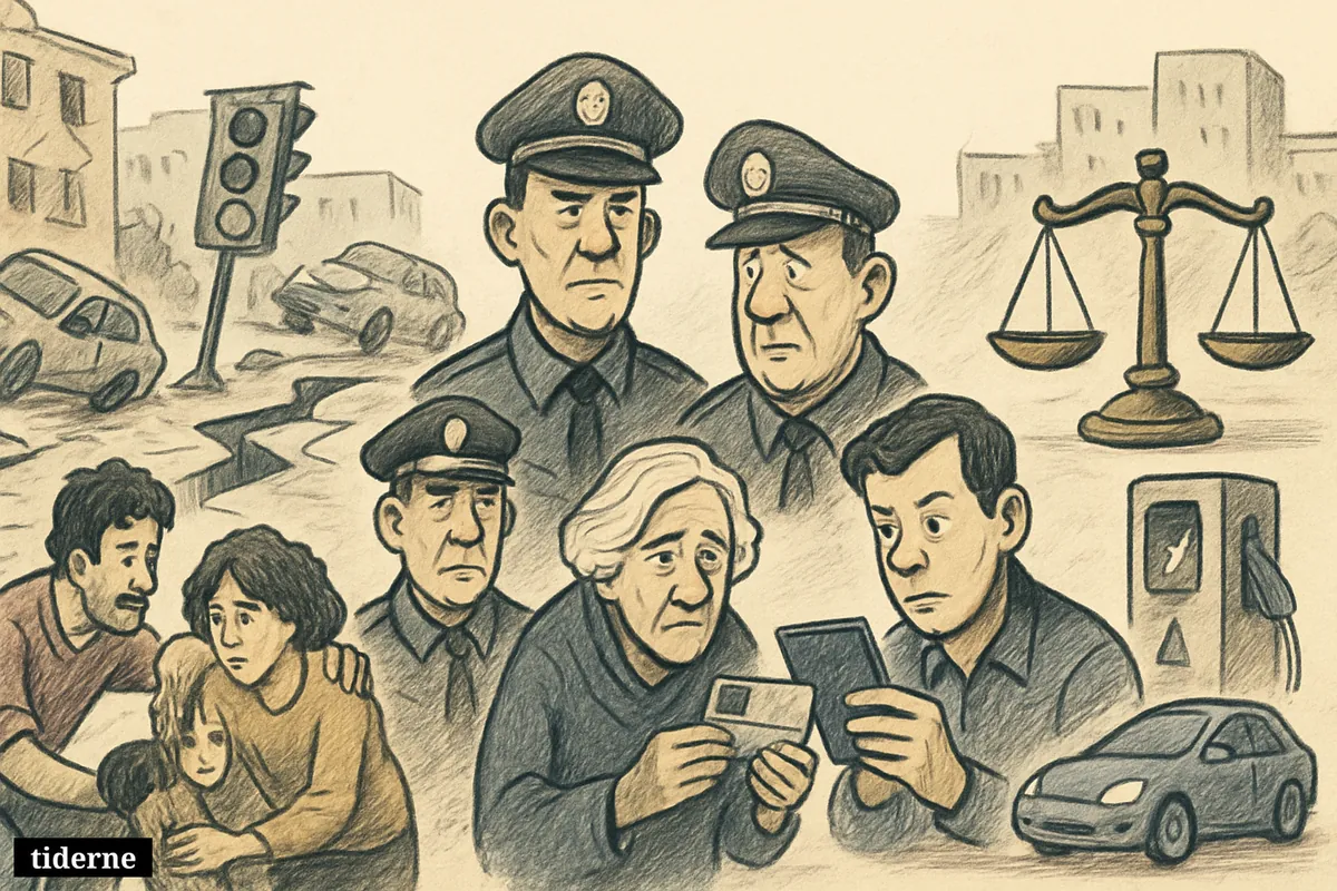 A cracked city square combines earthquake damage, police fraud warning, and an electric car charging dispute in one satirical news scene.