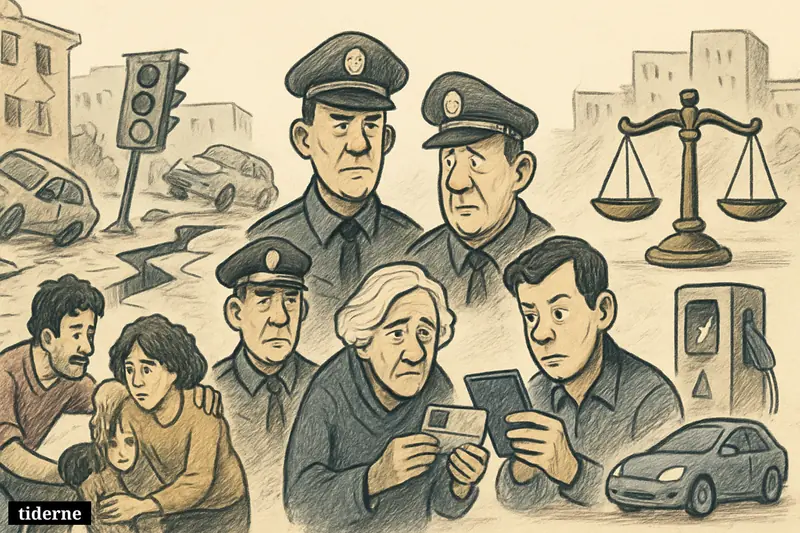 A cracked city square combines earthquake damage, police fraud warning, and an electric car charging dispute in one satirical news scene.