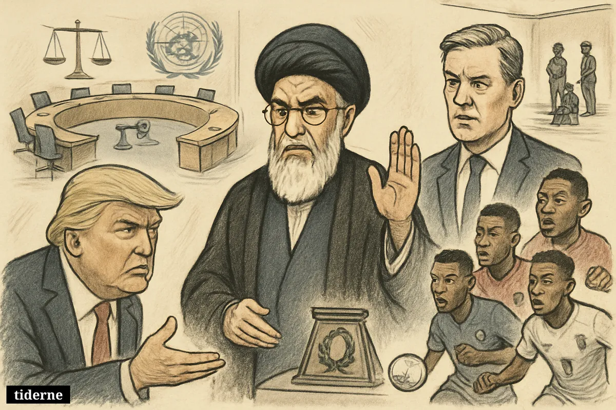 Caricature of Khamenei, Trump, and Starmer in a global debate hall, with distant Aceh punishment scene and football stars at the edge.