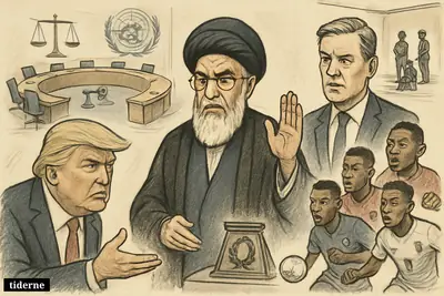 Caricature of Khamenei, Trump, and Starmer in a global debate hall, with distant Aceh punishment scene and football stars at the edge.
