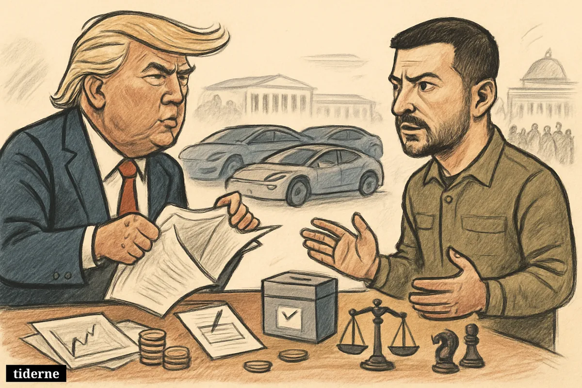 Trump flourishes papers toward a tense Zelenskyj, with electric cars, political symbols, and a restless crowd near government buildings behind them. (AI-genereret illustration)