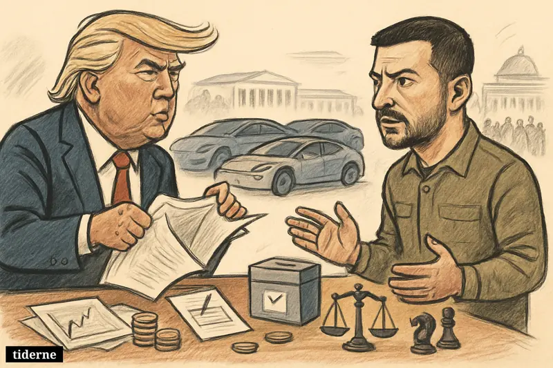 Trump flourishes papers toward a tense Zelenskyj, with electric cars, political symbols, and a restless crowd near government buildings behind them. (AI-genereret illustration)