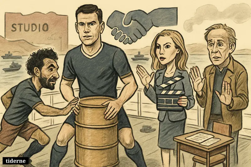 Rodri and Mohamed Salah compete over an oil barrel on a tanker deck, while entertainment figures and stalled studios appear behind them. (AI-genereret illustration)