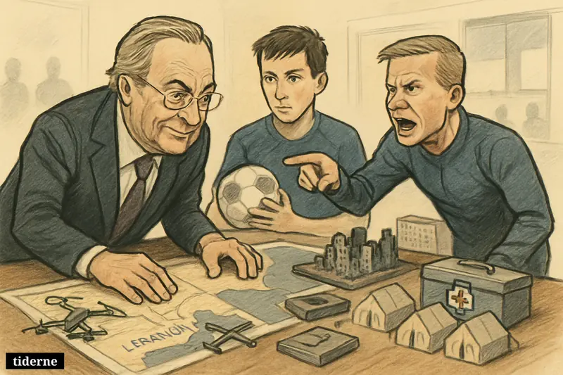Caricature of Florentino Pérez, Jesse Marsch, and Marcelo Flores around a strategy table with war maps, drones, and epidemic response props.