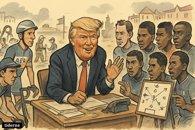 Trump dominates a busy caricature newsroom as cyclists and football stars gather amid AI workplace anxiety, beach warnings, and fire response scenes. (AI-genereret illustration)
