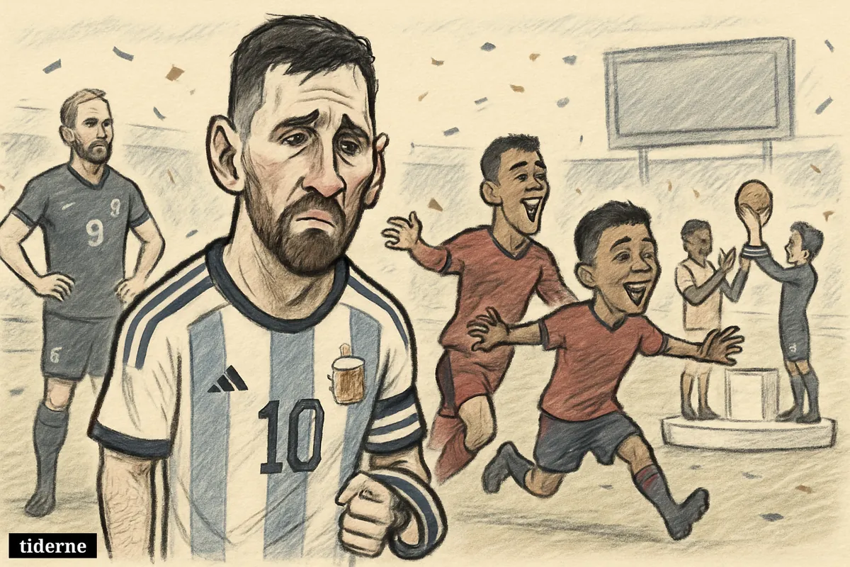 Caricature of Messi devastated after a final loss as Ferran Torres and Lamine Yamal celebrate on the pitch near the World Cup trophy. (AI-genereret illustration)