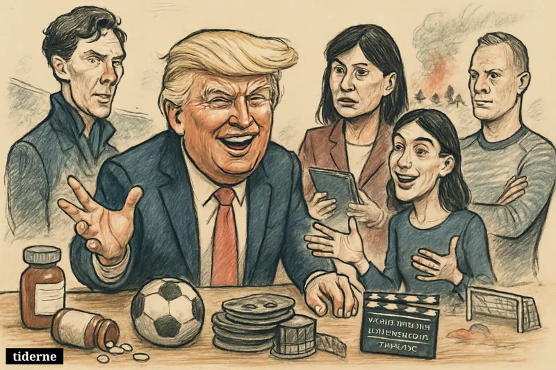 Five public figures gather around a chaotic news desk with medicine, football, film props, and distant wildfire evacuation imagery. (AI-genereret illustration)