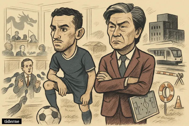 Two football caricatures dominate a tense news scene surrounded by Danish politics, strained power infrastructure, transport safety incidents, and lakeside rescue symbols.