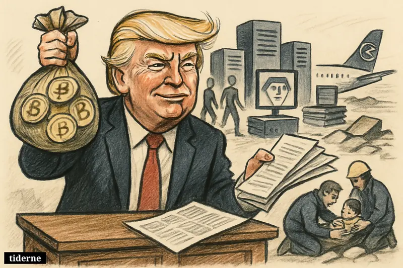 Trump flaunts crypto wealth at a desk while AI export symbols and a child rescue from rubble unfold behind him.