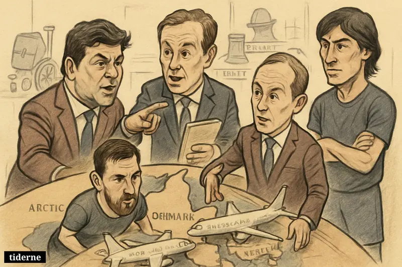Four caricature public figures stand around a Denmark-shaped table with patrol plane models and Danish civic crisis symbols behind them. (AI-genereret illustration)