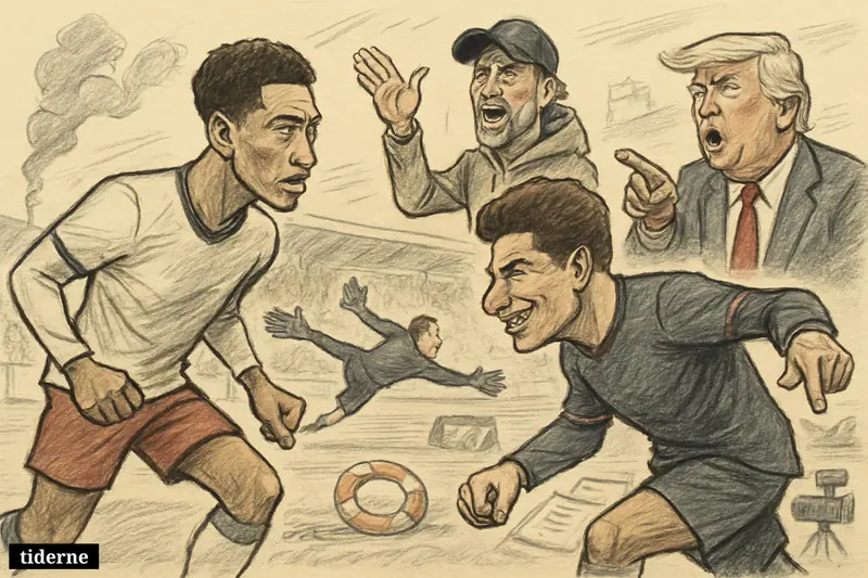 Caricature of Bellingham and Álvarez battling on a football pitch, with Klopp, Trump, and subtle disaster and public-service news references around them. (AI-genereret illustration)