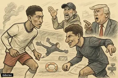 Caricature of Bellingham and Álvarez battling on a football pitch, with Klopp, Trump, and subtle disaster and public-service news references around them. (AI-genereret illustration)