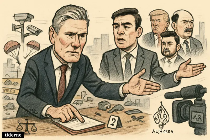 Keir Starmer and Andy Burnham lead a counterterror investigation scene, with political figures behind them and parachuting accident symbols nearby.