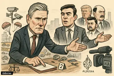 Keir Starmer and Andy Burnham lead a counterterror investigation scene, with political figures behind them and parachuting accident symbols nearby.