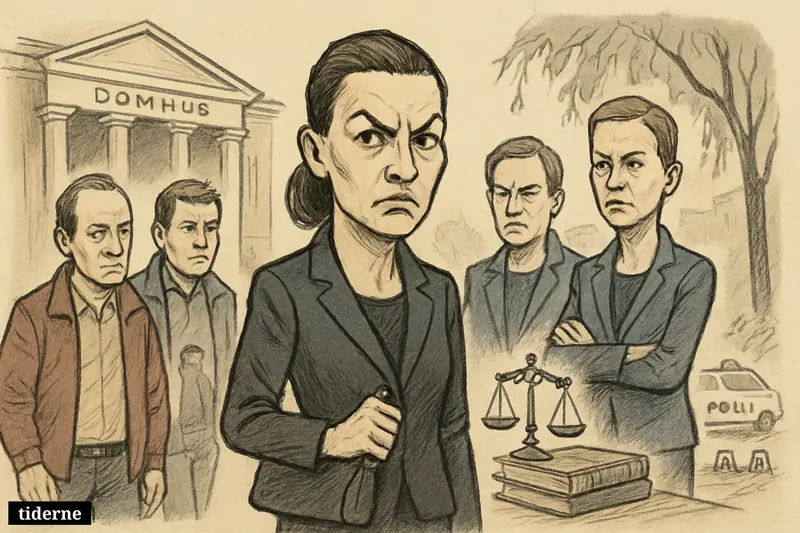 Amira Smajic outside a courthouse with officers, while Nicolai Wammen and Mette Frederiksen observe and police investigate nearby. (AI-genereret illustration)