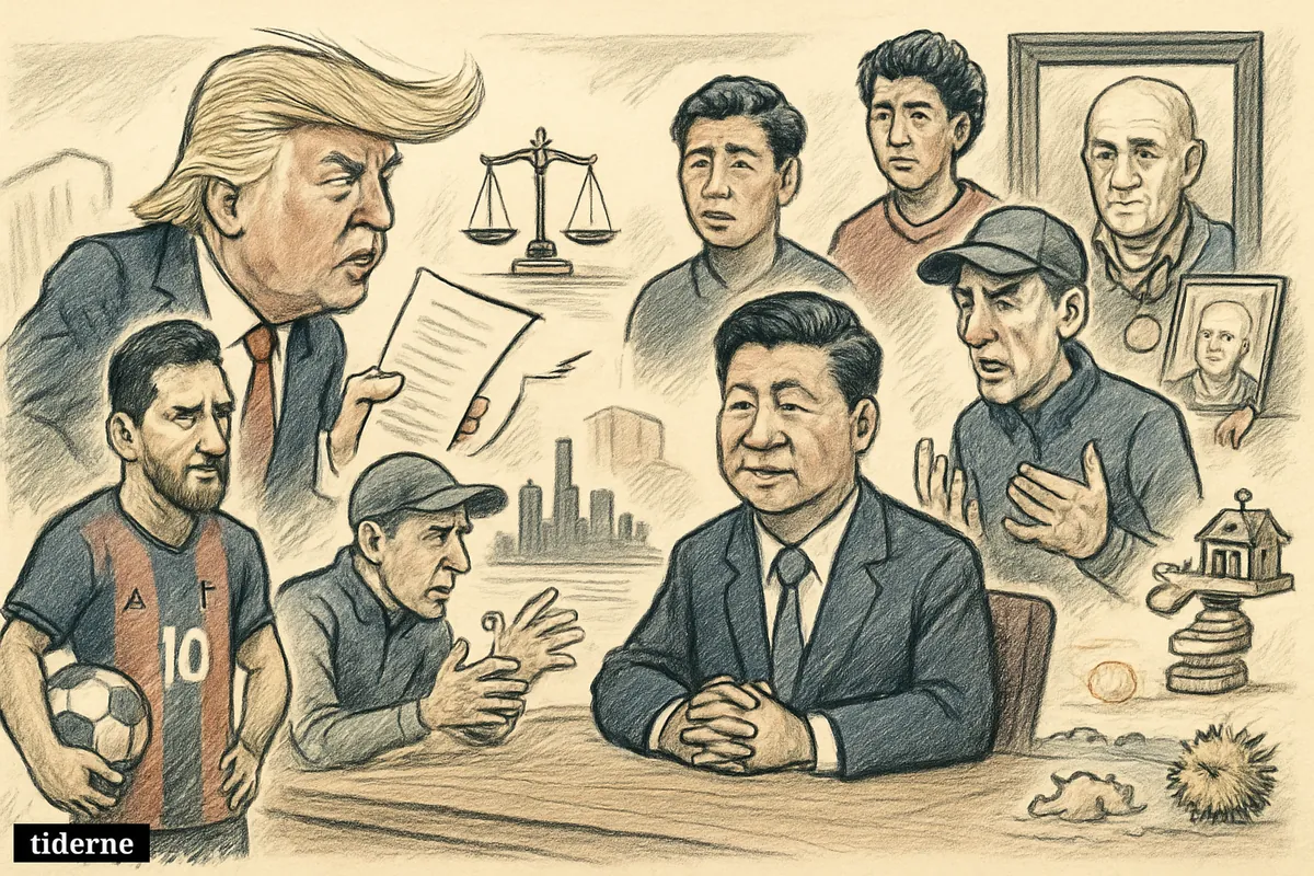 Caricature of Trump, Xi, Messi, and Tuchel around a news table with legal, sports, heatwave, Hong Kong, and housing props. (AI-genereret illustration)