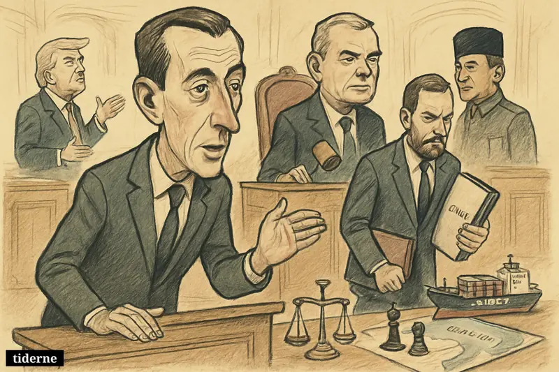 Caricatures of Danish politicians in parliament, with Trump and Prabowo in the background and symbols of finance, shipping, and geopolitical tension.