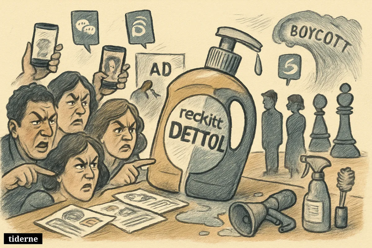 A giant disinfectant bottle dominates a chaotic ad backlash scene as angry consumers share clips on phones and a campaign display is removed.