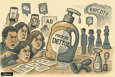 A giant disinfectant bottle dominates a chaotic ad backlash scene as angry consumers share clips on phones and a campaign display is removed.