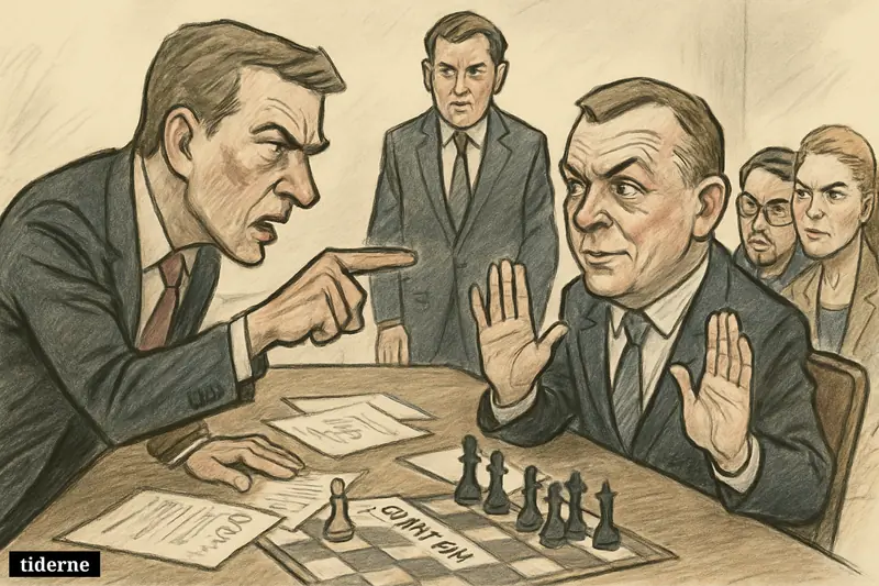 Caricature of Danish party leaders in a fraught negotiation room, with Messerschmidt confronting Løkke across a table of coalition papers and chess pieces.