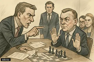 Caricature of Danish party leaders in a fraught negotiation room, with Messerschmidt confronting Løkke across a table of coalition papers and chess pieces.