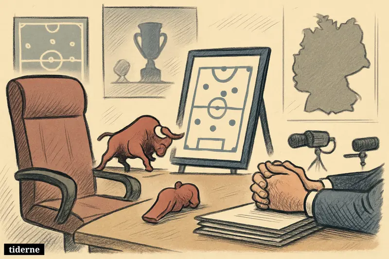 An empty coach’s chair faces a negotiation table with football props, a red bull figurine, contracts, and Germany national team symbols. (AI-genereret illustration)