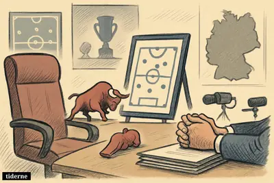 An empty coach’s chair faces a negotiation table with football props, a red bull figurine, contracts, and Germany national team symbols. (AI-genereret illustration)