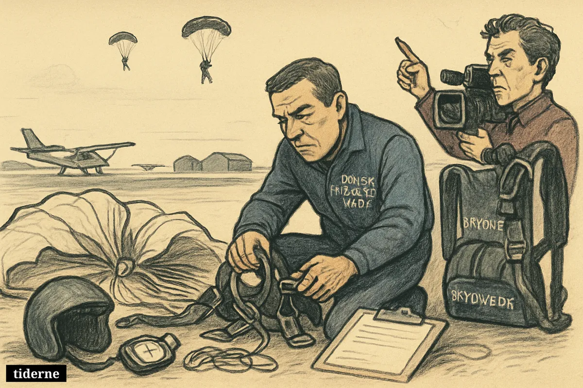 A safety official inspects parachute gear at a drop zone while a camera crew films and two distant skydivers descend overhead.