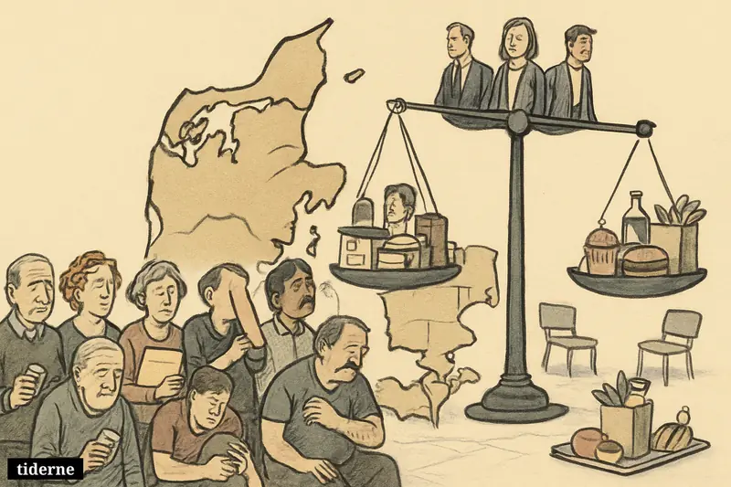 A caricature scene of Danish adults in a clinic-like space, with an uneven scale showing diabetes burdens falling harder on some communities.