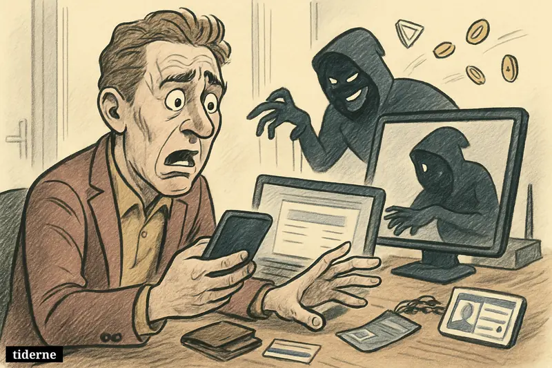 An anxious person at a desk is manipulated through phone and laptop by a shadowy scammer, with banking and digital ID symbols implying costly fraud.