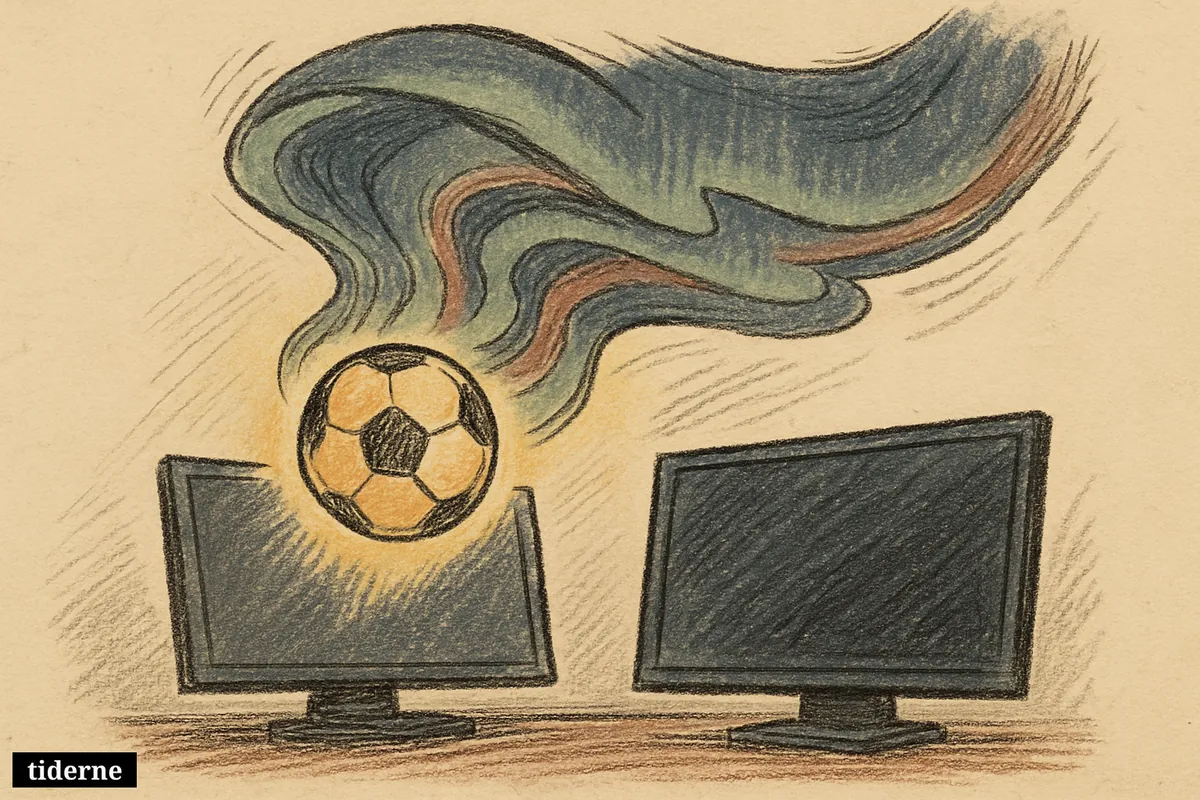 Glowing football dissolving into green-blue aurora ribbons above sleek dark streaming panels on a black background