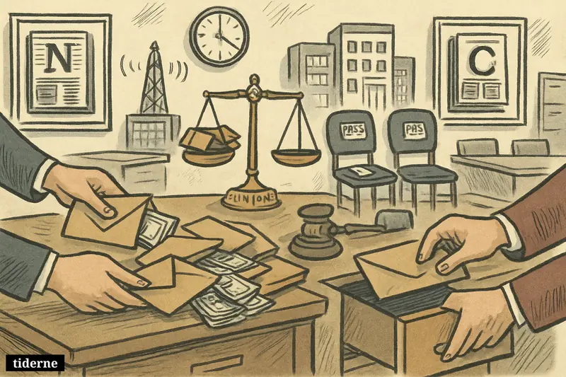 A newsroom scene shows brown cash envelopes passed across desks, with legal and union symbols suggesting a long-running media labor scandal.