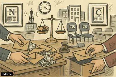 A newsroom scene shows brown cash envelopes passed across desks, with legal and union symbols suggesting a long-running media labor scandal.