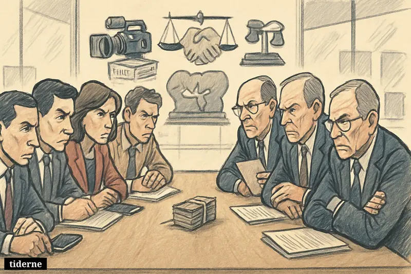 Tense caricature meeting in a media company boardroom, with newsroom representatives, management, cash on the table, and symbols of broken trust.