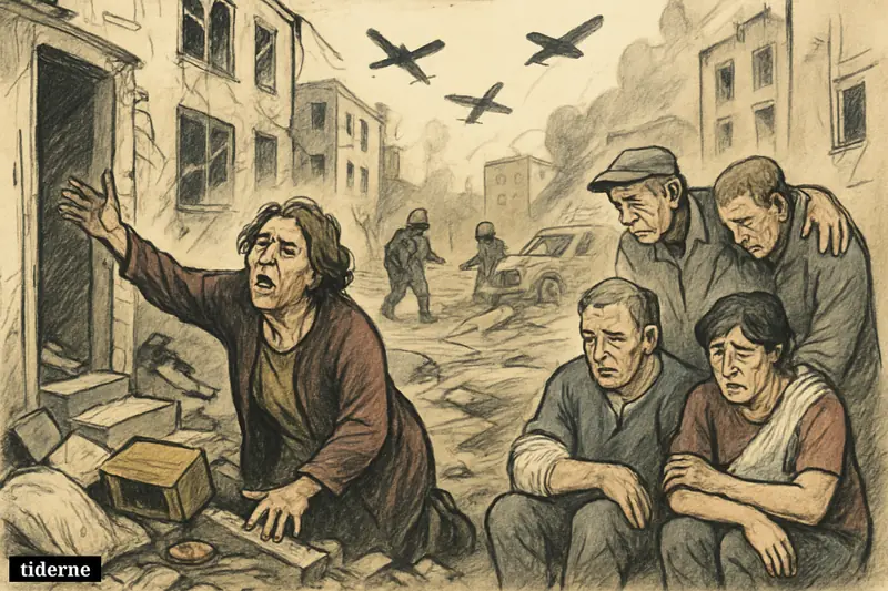 Civilians and rescuers on a shattered street in Dnipropetrovsk after a drone attack, with injured residents, rubble, damaged homes, and drones overhead.