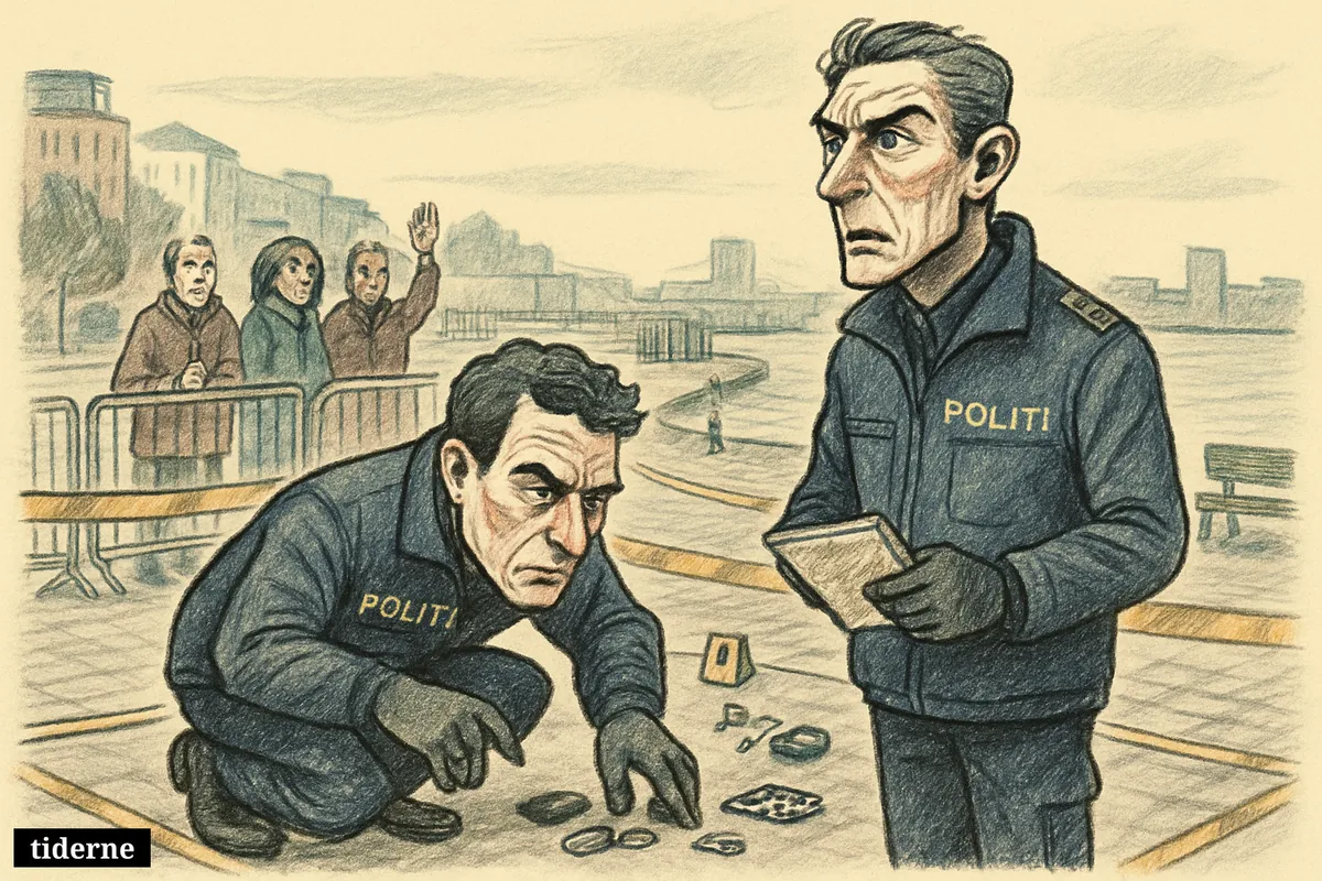 Police investigators examine a waterfront crime scene while bystanders behind barriers appear ready to speak as witnesses.