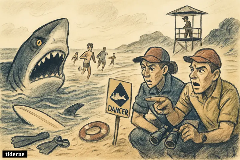 A shark nears an Australian beach as lifeguards and beachgoers react with alarm, highlighting coastal danger and water safety.