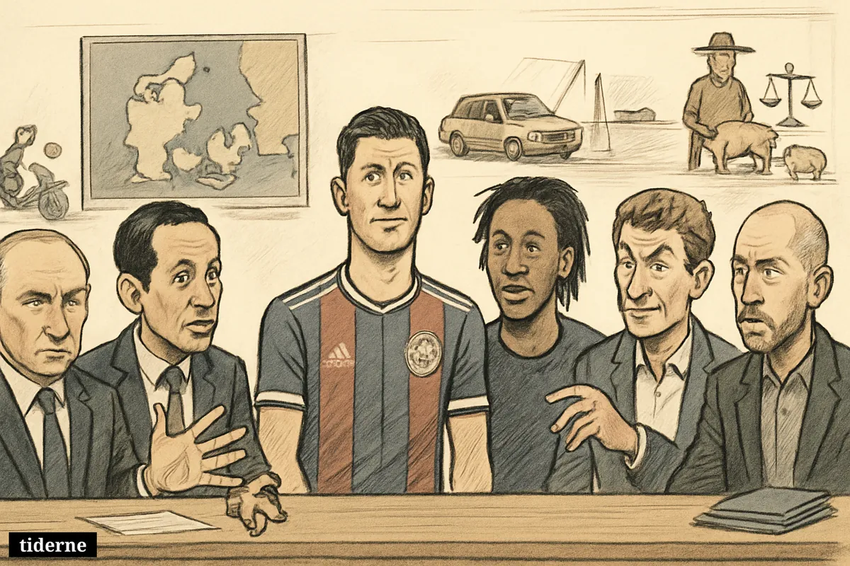 Seven public figures sit and stand around a Danish news desk, surrounded by subtle symbols of deaths, a bridge crash, farming, and business.