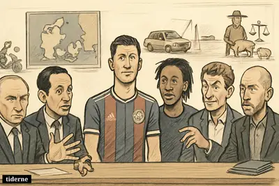Seven public figures sit and stand around a Danish news desk, surrounded by subtle symbols of deaths, a bridge crash, farming, and business.