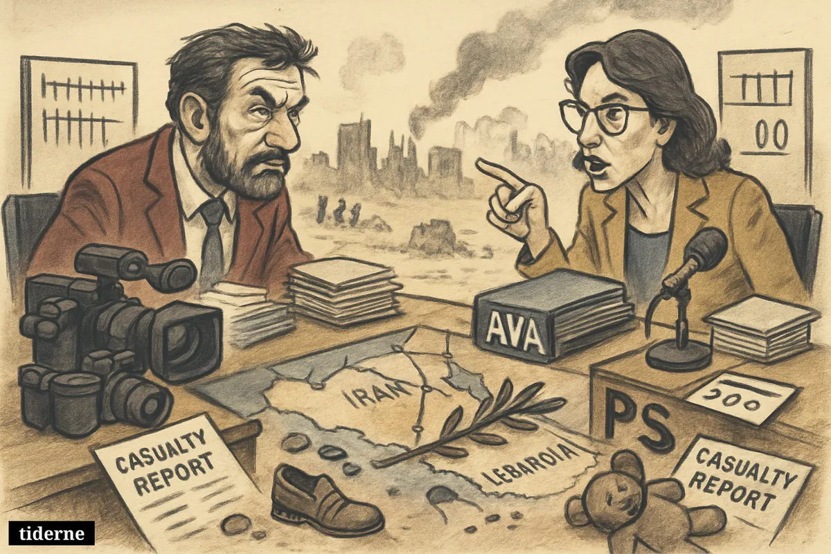 Two rival news agency desks face off over conflicting casualty counts, with civilian belongings and a war map of Iran and Lebanon between them.