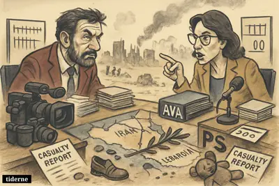 Two rival news agency desks face off over conflicting casualty counts, with civilian belongings and a war map of Iran and Lebanon between them.